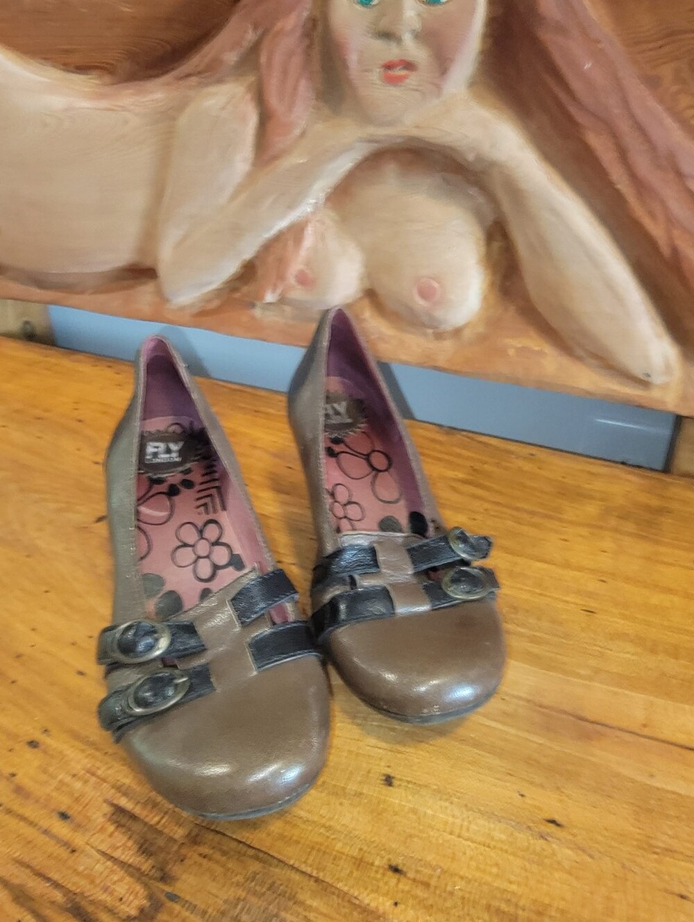 Fly London Size 37-6.5 Brown Leather-Retro- Oxford 2" Pumps with Buckle Detail